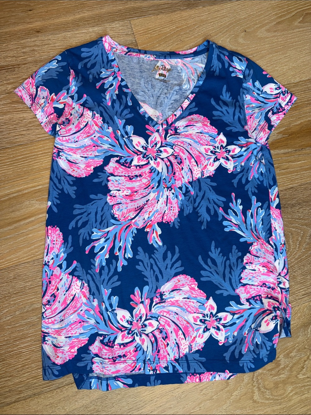 Lilly Pulitzer Navy Blue Tee with Pink Floral Print